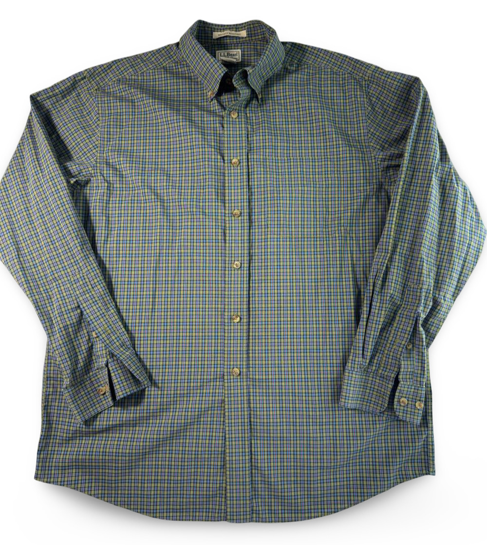 L.L.Bean Wrinkle Resistant Plaid Button Down Shirt Men's Large Blue Green Cotton